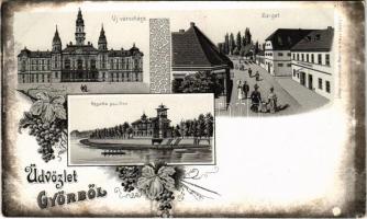 Győr, Sziget, Új városháza, Regatta pavilon. Art Nouveau, floral litho
