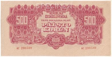 Csehszlovákia 1944. 500K AC 290539, SPECIMEN (MINTA) perforációval T:I- kis sarokhajlás Czechoslovakia 1944. 500 Korun AC 290539, with SPECIMEN perforation C:AU small corner fold Krause P#49s