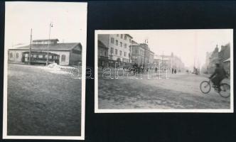 1932 Debrecen, Piac utca, Petőfi tér, Villánytelep, villamos, 2 db fotó, feliratozva, 6,5×11 cm