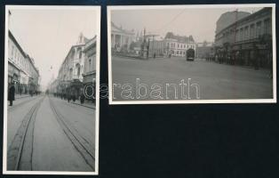 1932 Nagyvárad, villamosok, 2 db fotó, 11×6 cm