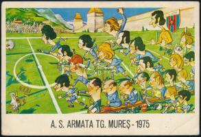 1975 Marosvásárhely, focicsapat és vezetők karikatúrája nyomtatott aláírásokkal 18x12 cm