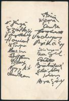 1975 Marosvásárhely, focicsapat és vezetők karikatúrája nyomtatott aláírásokkal 18x12 cm