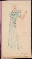 Varga Ágnes (cca 1940): Női ruha terve. Akvarell, pecséttel jelzett 29x14 cm