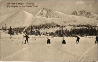 1913 Tátra, Magas-Tátra, Vysoké Tatry; téli élet, síelők csoportja. Dr. Guhr felvétele / winter sport, skiing