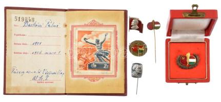 ~1956-1975. Magyar- Szovjet Baráti Társaság zománcos, részben aranyozott kitüntetése (20x27mm) eredeti dobozban + MSZBT zománcozott réz társasági jelvény (12x16mm) + MSZBT festett műgyantás jelvény (22mm) + "Lenin 100" ezüstözött jelvény (18x14mm) + Lenin-portré, zománcos rátétes ezüstözött jelvény (21x16mm) + 1956. március 1. "Magyar-Szovjet Társaság - Tagsági Igazolvány" (105x73mm)