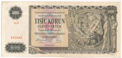 Szlovákia 1940. 1000K "4L3 550682", "SPECIMEN (MINTA)" perforációval T:III kis szakadás Slovakia 1940. 1000 Korun "4L3 550682" with "SPECIMEN" perforation C:F small tear  Krause P#13s