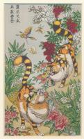 1911 Kínai metszet litho nyomata macskák és pillangók 11x19 cm Paszpartuban