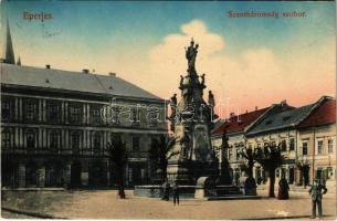 1914 Eperjes, Presov; Szentháromság szobor, Schwarcz Sámuel üzlete / Trinity statue, shops