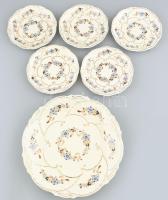 Zsolnay búzavirág mintás süteményes készlet, hat részes, nagy tál + 5 db tányér. Kézzel festett, jelzett, kis kopásnyomokkal, d: 17,5-30 cm