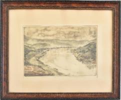 Maknics Albert (1922-?): A Duna Visegrádnál, 1956. Színezett rézkarc, papír, jelzett. Paszpartuban, üvegezett, kissé kopott fa keretben, 18x26,5 cm (keret: 36,5x43 cm)