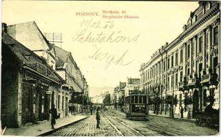 Pozsony, Pressburg, Bratislava; Stefánia út, villamos, Wendler G. sütőháza,üzlet, fagylalt kapható. W.L. Bp. 645. / street, tram, shops, bakery (EB)