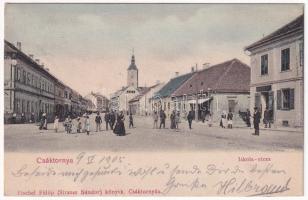 1905 Csáktornya, Cakovec; Iskola utca, üzletek. Fischel Fülöp (Strausz Sándor) kiadása / street, shops