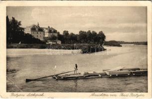 1914 Pöstyén, Piestany; Vág folyópart, faszállító tutajos / Váh riverside, rafter (EB)