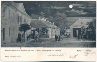 1900 Pöstyén, Piestany; Ferenc József utca és fürdő szálloda, Strasser kávéház, este. A. Bernas / street, spa, cafe at night (EK)