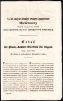 1852 Cs. kir. magyar pénzügyi országos igazgatósági hirdetmény bélyegilleték alá eső jogügyletek tárgyában, magyar és német nyelvű, középen hajtott, 39x24,5 cm