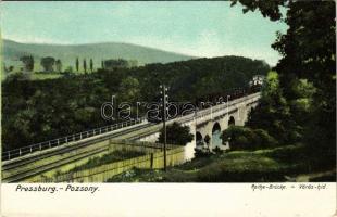 Pozsony, Pressburg, Bratislava; Vörös híd, Vöröshíd gőzmozdony, vonat / Rothe Brücke / Zelezná Studienka, railway bridge, locomotive, train