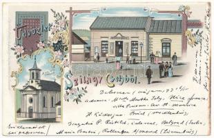 1899 (Vorläufer) Szilágycseh, Cehu Silvaniei; Római katolikus templom, Horváth Imre üzlete és saját kiadása / Catholic church, publisher's shop. Art Nouveau, floral, litho