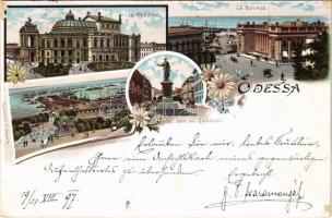 1897 (Vorläufer) Odessa, Odesa; Le Theatre, La Bourse, Le Duc de Richelieu / theatre, stock exchange, statue. G. Geselle Art Nouveau, floral, litho (Rb)