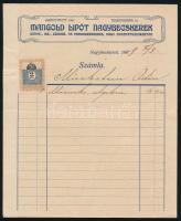 1908 Nagybecskerek, Mangold Lipót könyv-, mű-, zenemű- és papírkereskedésének fejléces számlája, okmánybélyeggel