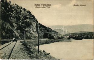 Vöröstoronyi-szoros, Roter Turmpass, Roter-Turm-Pass, Pasul Turnu Rosu; Rumänischer Teil, Kloster Cornet / Román oldal, vasútvonal, hajtány, kolostor / Romanian side with railway line, handcar, monastery (EK)