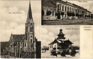 1908 Detta, Ghedu, Deta; Fő utca, Római katolikus templom, Scheirich féle nyaraló télen. Csokány kiadása / main street, Catholic church, villa in winter