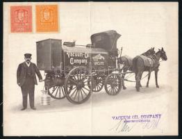 cca 1930 Vacuum Oil Company Rt. vállalati lovaskocsiját ábrázoló illusztráció, vászonra nyomva, aláírásokkal és bélyegzővel, illetékbélyegekkel (számla v. beszerzőlap része lehetett)