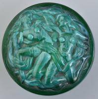 Bohémia Art Deco malachit üveg bonbonier, Terv: Kolekce Ingrid, jelzés nélkül, hibátlan, d: 10 cm