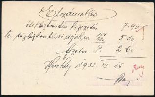 1932 Hódmezővásárhely, Fonciére Általános Biztosító-Intézet reklámlapjának hátoldalára írt nyugta