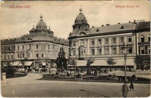 1911 Kolozsvár, Cluj; Mátyás király tér, Haraszthy Jenő üzlete. Erdélyi Bank, Triesti Általános biztosító társaság / square, shops, bank, insurance company. W.L. Bp. 6394. (EK)