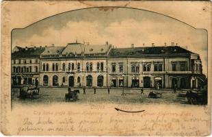 1902 Eszék, Essegg, Osijek; Trg bana grofa Khuen Hedervary / Bán gróf Khuen-Héderváry tér, Baldauf, Rajal Möbel Halle, Eduard Rosenblüth, A. Seidling, Wilh. Glebinger üzlete, Corso kávéház / square, shops, cafe (lyuk / pinhole)