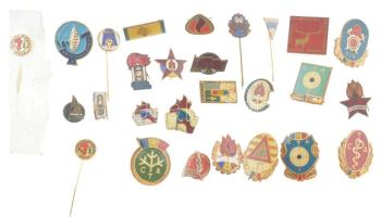 26 darabos vegyes, főleg csehszlovák és román kitűző tétel, közte mongol, illetve műgyantás és zománcozott darabok 26 pieces mixed resin and enamelled pin lot in good condition, mainly from Czechoslovakia and Romania