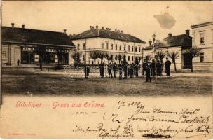 1900 Orsova, tér, M. kir. állami iskola, Scheinberger Mór üzlete. G. Hutterer kiadása / square, school, shop (lyuk / pinhole)