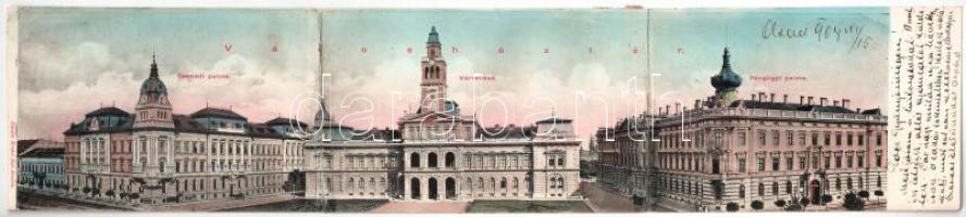 1904 Arad, Városház tér, Csanádi palota, Városháza, Pénzügyi palota. 3-részes kihajtható panorámalap. Kerpel Izsó kiadása / square, palace, town hall. 3-tiled folding panoramacard (r)
