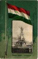 1902 Arad, Szabadság szobor. Szecessziós magyar zászlós litho keret / statue, monument. Art Nouveau litho frame with Hungarian flag (kopott sarkak / worn corners)