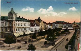 1919 Arad, Andrássy tér, magyar zászló, üzletek. Kerpel Izsó kiadása / square, Hungarian flag, shops (szakadás / tear)