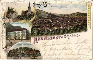 1899 (Vorläufer) Brassó, Kronstadt, Brasov; Ref. Kirche und Pfarrhaus, Staats-Oberrealschule, Springbrunnen im Rudolfspark / Református templom és plébánia, Állami felső reáliskola, szökőkút a Rudolf parkban / Calvinist church and parish, school, fountain in the park. Gabony & Co. Art Nouveau, floral, litho (kis szakadás / small tear)