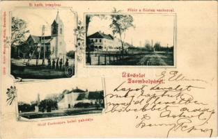 1911 Zsombolya, Hatzfeld, Jimbolia; Római katolikus templom, Fő tér a Flórián szoborral, Gróf Csekonics belső palotája, kastély. Manzin és Ferch kiadása / Catholic church, main square, statue, castle. Art Nouveau, floral (r)