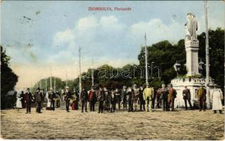 1916 Zsombolya, Hatzfeld, Jimbolia; Flórián tér és szobor, helyiek csoportja, piac. Kohl János kiadása / square, statue, market, group of locals (lyuk / hole)