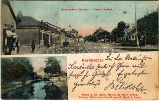 1909 Karánsebes, Caransebes; Temesvárer Strasse, Fass- u. Holzwarenfabrik v. R. Munk & Comp. / Temesvári út, A. Rosenfeld üzlete, Munk R. és Társa Hordó- és faárugyára. H. Rosenfeld kiadása / street view, wooden barrel factory (EK)