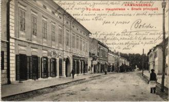 1915 Karánsebes, Caransebes; Fő utca, Népbank, Grau R. és Fia üzlete. Halász Nándor kiadása / Hauptgasse / Strada principala / main street, shops (EK)