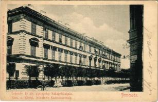 1908 Temesvár, Timisoara; Cs. és kir. gyalogsági hadapródiskola, férfi kerékpárral. Králicsek Béla kiadása / Kais. u. Königl. Infanterie-Kadettenschule / K.u.K. military infantry cadet school, man with bicycle + "Apollo Műkedvelő Társaság Temesvár" (EK)