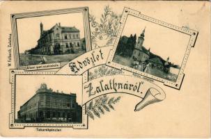 Zalatna, Zlatna; Állami ipari szakiskola, Három templom, Takarékpénztár, Dengel F. üzlete. W. Folberth kiadása / school, churches, savings bank, shop. Art Nouveau, floral (r)