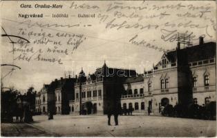 Nagyvárad, Oradea; Indóház, vasútállomás, villamos / Bahnhof / railway station, tram