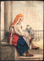 Olvashatatlan jelzéssel, feltehetően XIX. sz. végén működött magyar festő: Pihenő lány, 1880-as évek. Akvarell, papír, kartonra kasírozva. Kissé foltos. Széleinél kissé sérült. 35x25,5 cm