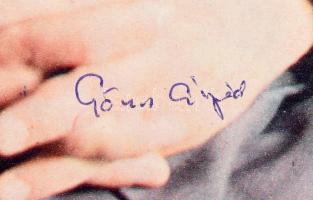 Göncz Árpád, Illyés Gyula, Zelk Zoltán és Juhász Ferenc autográf aláírásai őket ábrázoló újságcímlap...