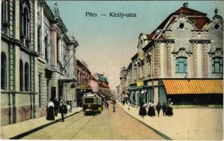 1922 Pécs, Király utca, villamos, Schönwald iparművészeti főraktára, posztó üzlet. Blantz József kiadása (EK)