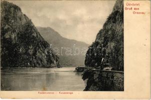 1915 Orsova, Kazán szoros, magyar zászló ünnepség. Hutterer G. kiadása / gorge, festival with Hungarian flag + "Cs. és kir. Ellenőrző Bizottság Temesvár 1915 VII. 11."