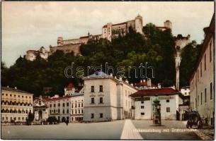 Salzburg, Hohensalzburg mit Drahtseilbahn, Peters Keller, Zum Stiegl Keller, A. & K. Strassers Kunst Walzmühle / fortress, restaurants, shops, cable railway