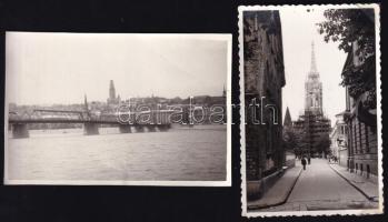 cca 1946-1958 Bp., a Mátyás-templom renoválása a budai várban, Duna a Kossuth-híddal, 2 db fotó, 9x6 cm