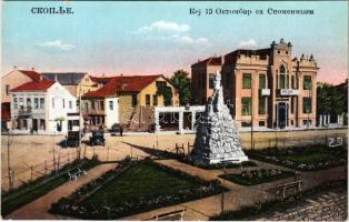 Skopje, Skoplijé; Quai 13 Octobre avel le Monument / quay and statue, automobiles